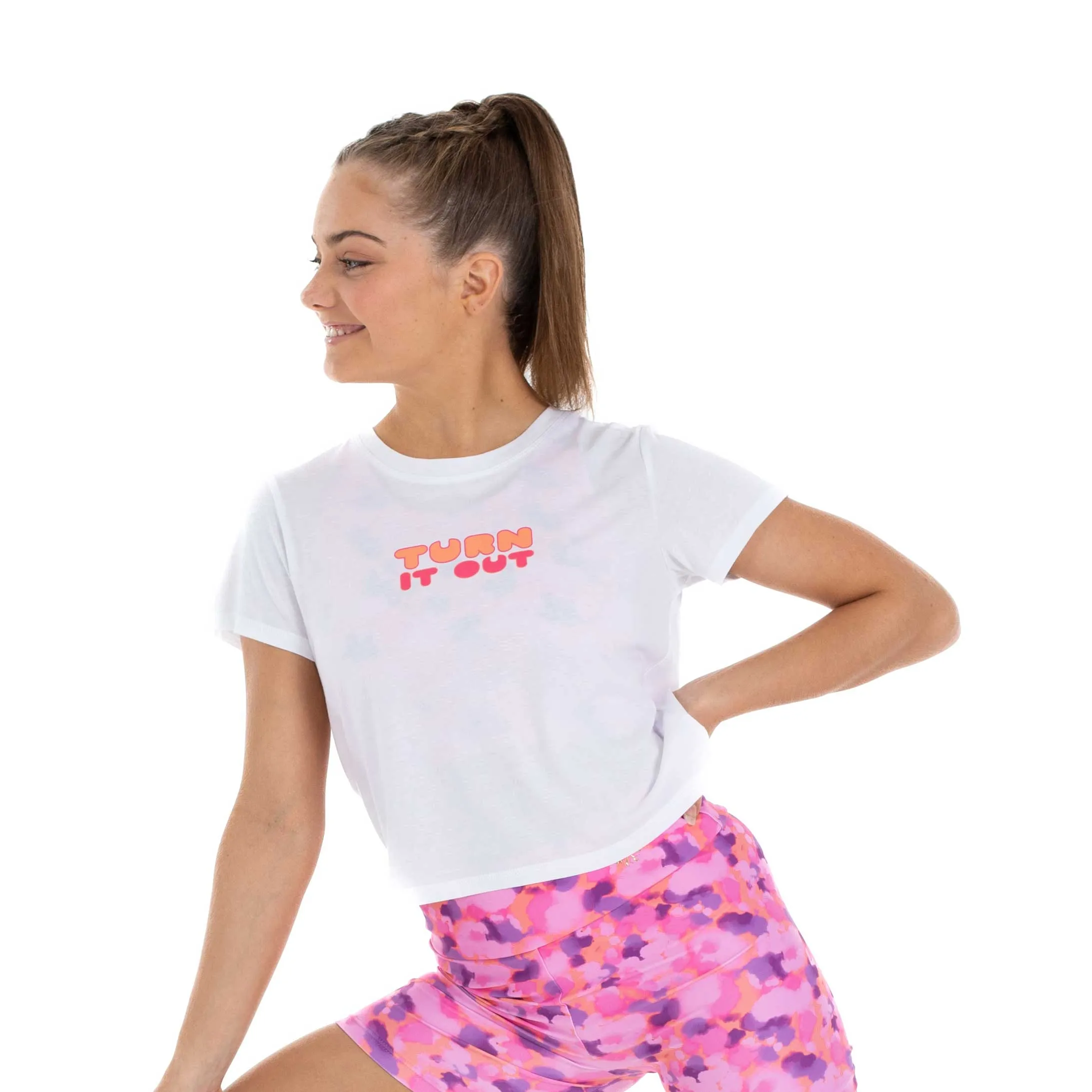 Ashley Muscle Crop White tee with 'Turn it Out' print