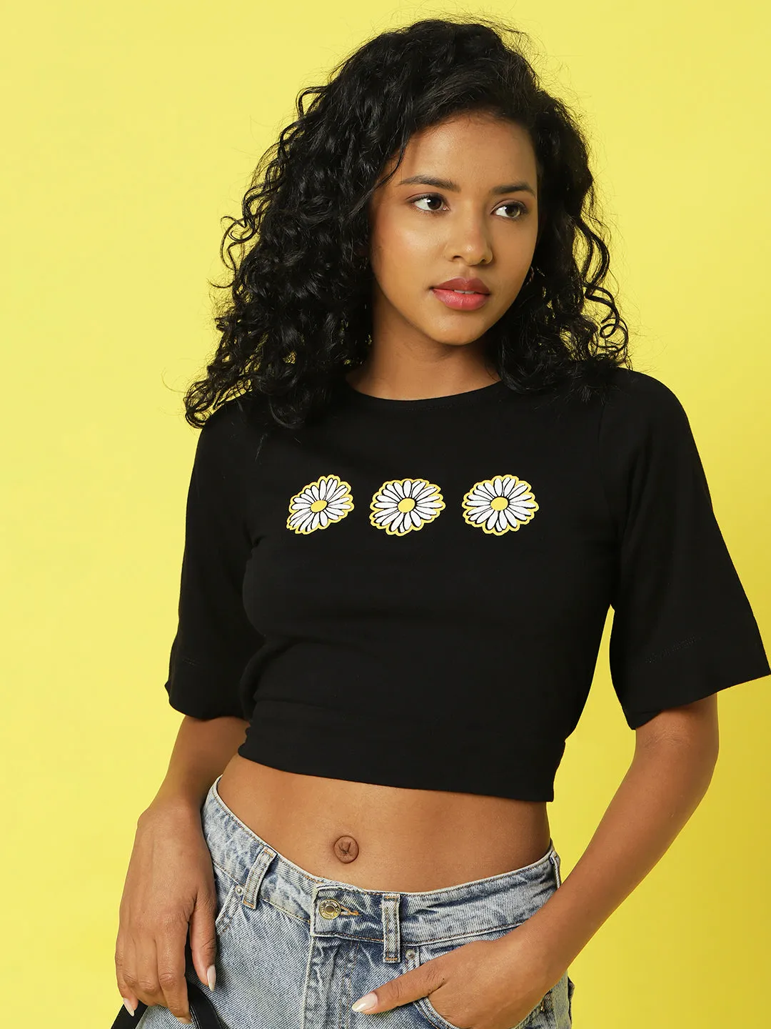 Black Floral Printed Half Sleeves Round Neck Crop Top