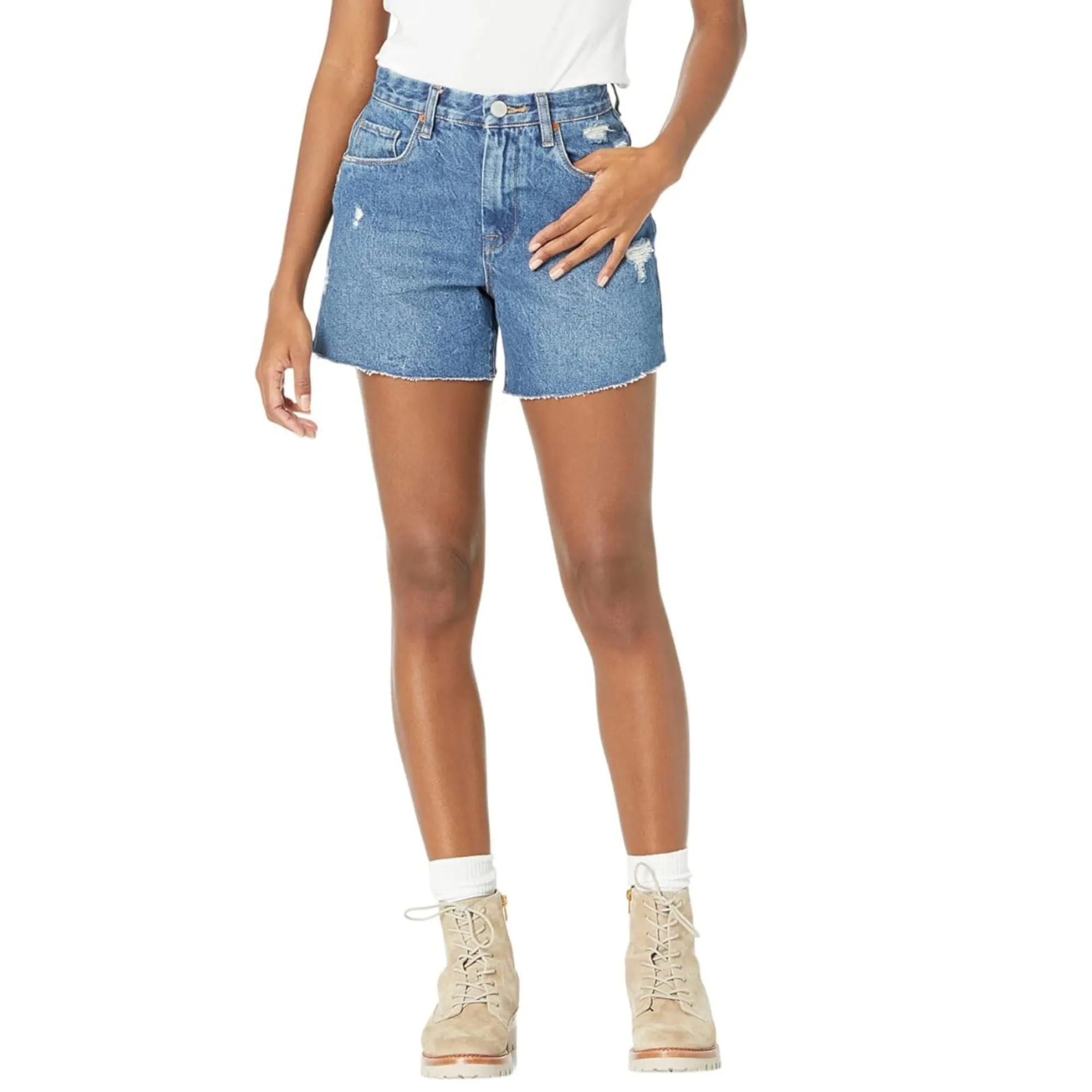 BLANK NYC High Rise Raw Hem Second Round Distressed Denim Shorts