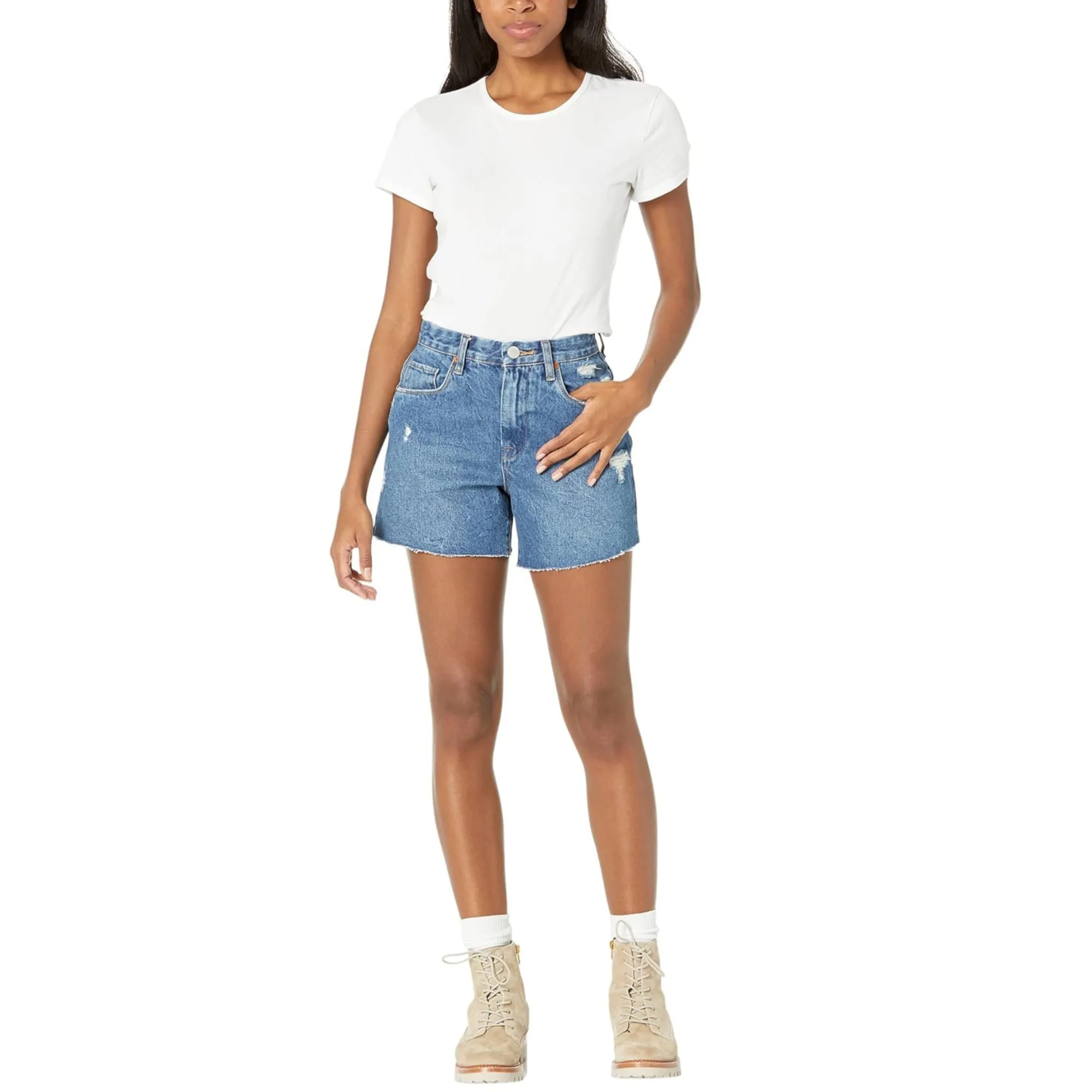 BLANK NYC High Rise Raw Hem Second Round Distressed Denim Shorts