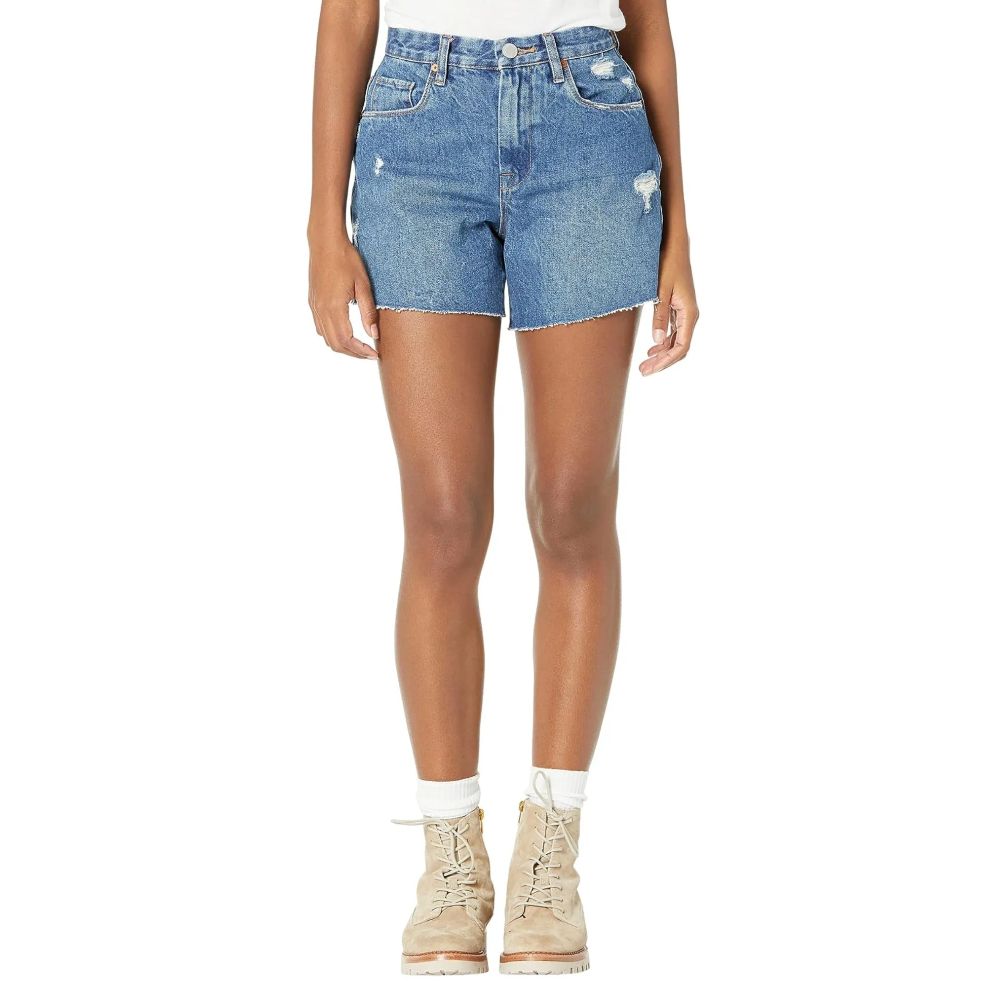 BLANK NYC High Rise Raw Hem Second Round Distressed Denim Shorts