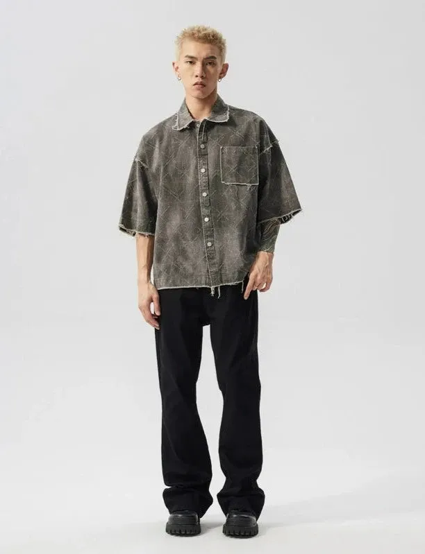 Distressed  Crosshatch Button-Up Overshirt with Frayed Hem