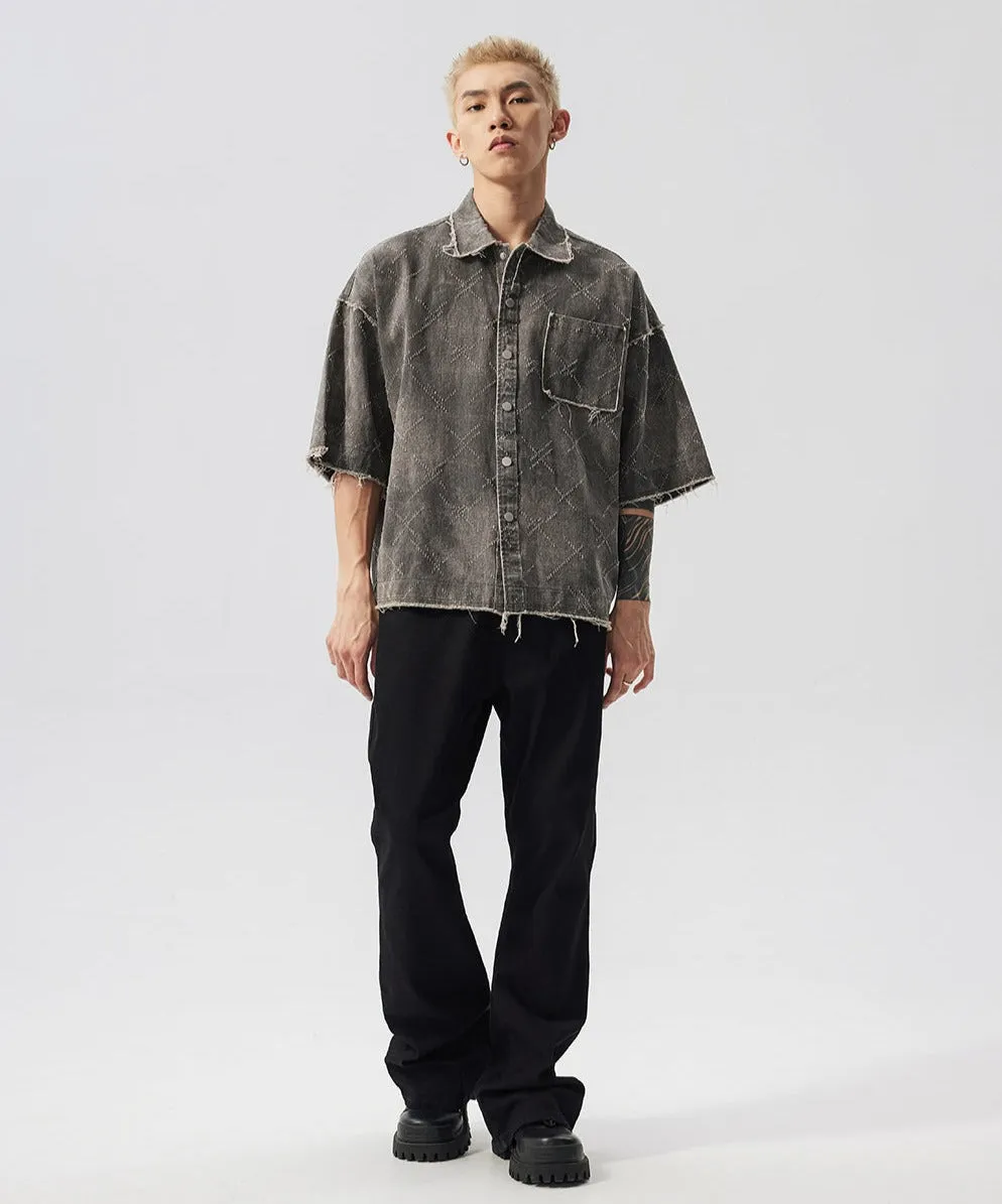 Distressed  Crosshatch Button-Up Overshirt with Frayed Hem