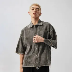 Distressed  Crosshatch Button-Up Overshirt with Frayed Hem