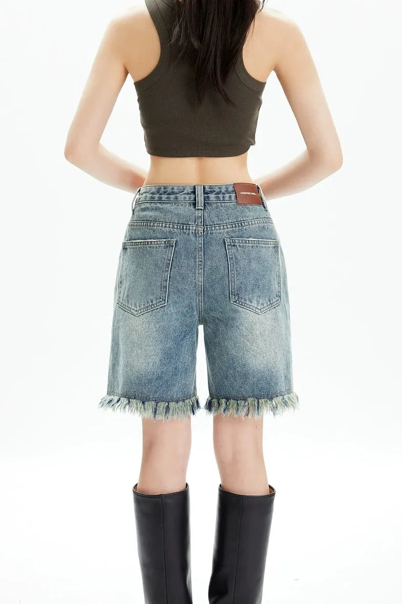 Distressed Denim Bermuda Shorts with Frayed Hem