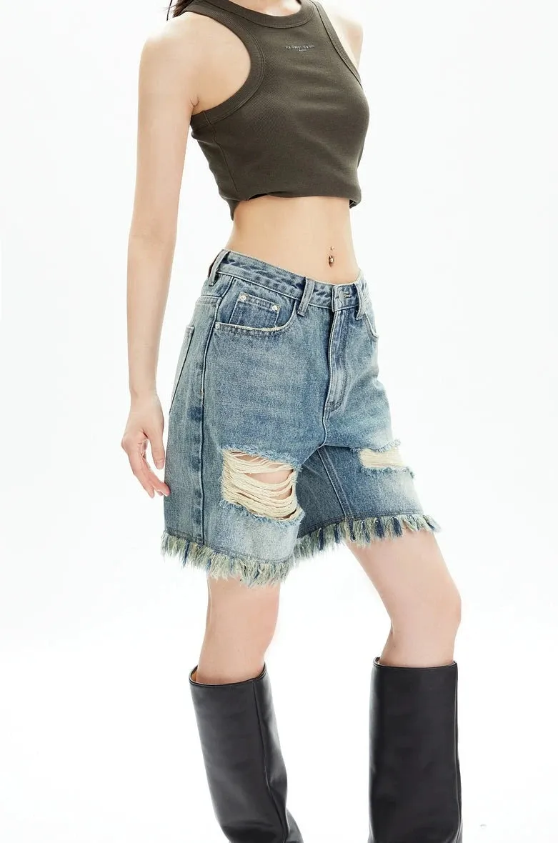 Distressed Denim Bermuda Shorts with Frayed Hem