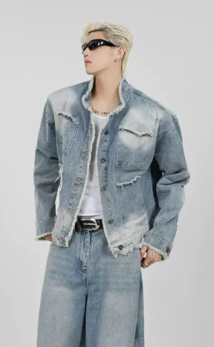 Distressed Spot-Faded Denim Jacket and Wide-Leg Jeans Set