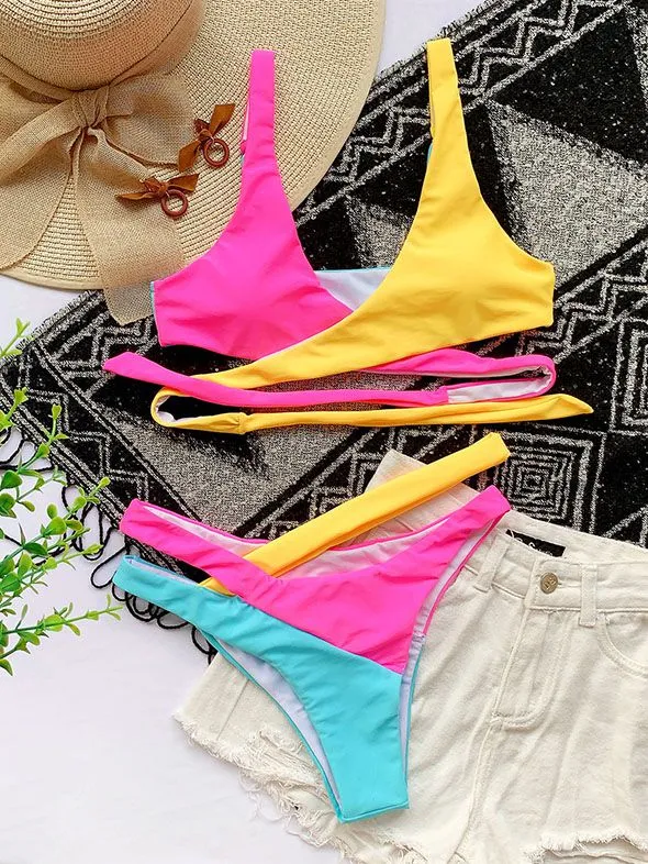 Multiway Rainbow Colorblock Criss Cross Lace Up Wrap Tie Bikini