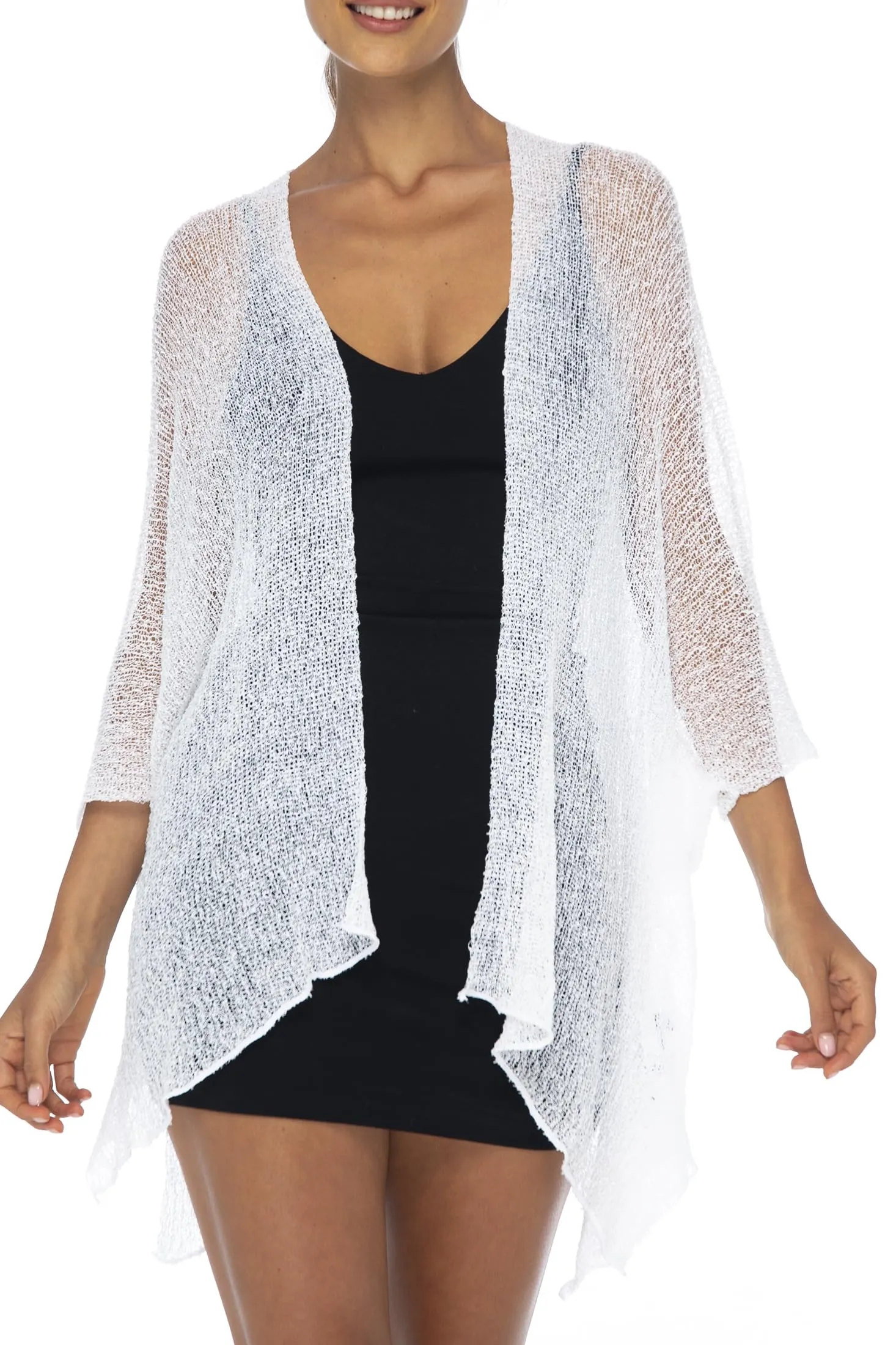 Open Front ¾ Sleeve Kimono Sweater with Curved Hem