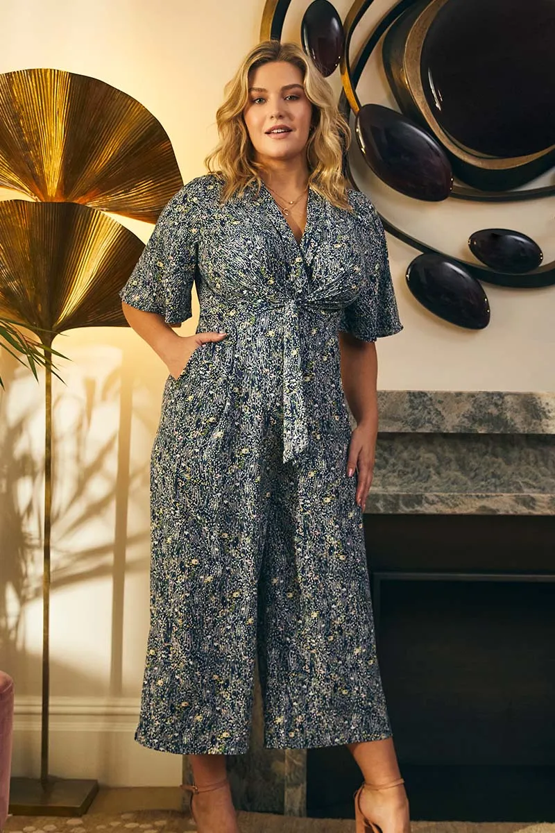 Printed Tie Front Wide Leg Jumpsuit