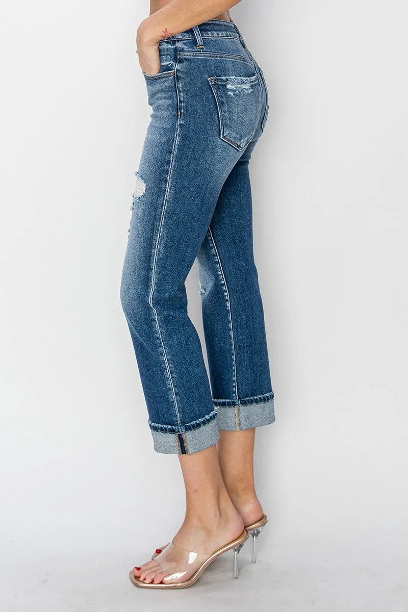 RISEN Full Size Cuffed Ankle Distressed Straight Jeans