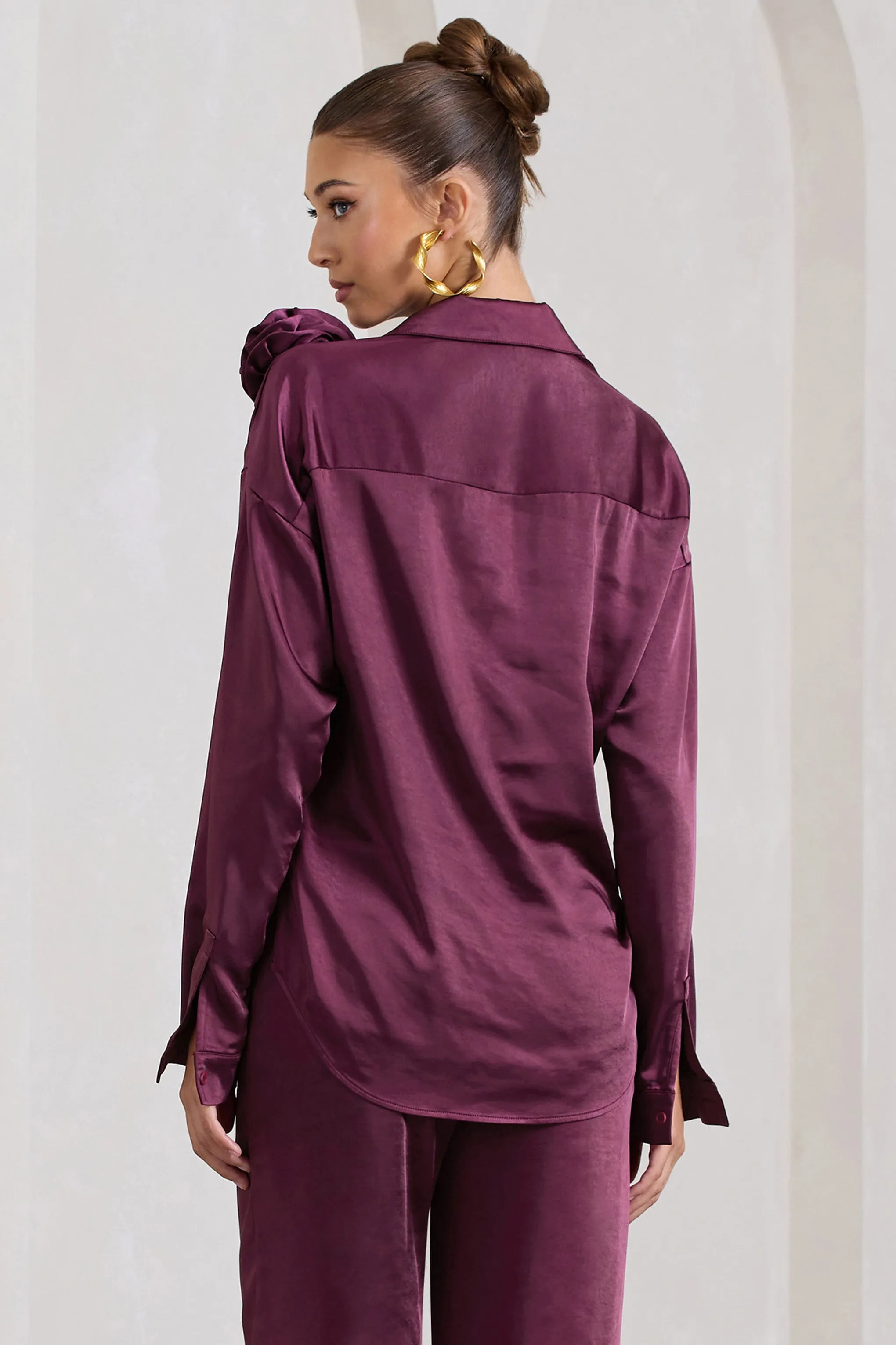 Rosanna | Burgundy Satin Oversized Shirt With Flowers