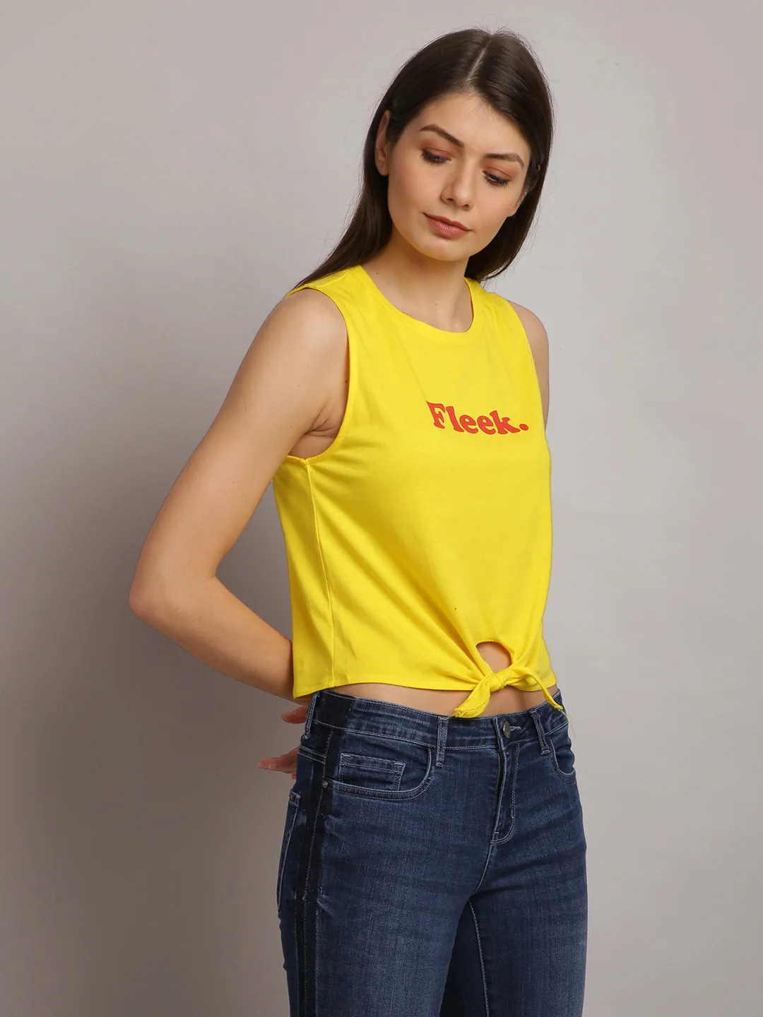 women yellow sleeveless printed tank tops